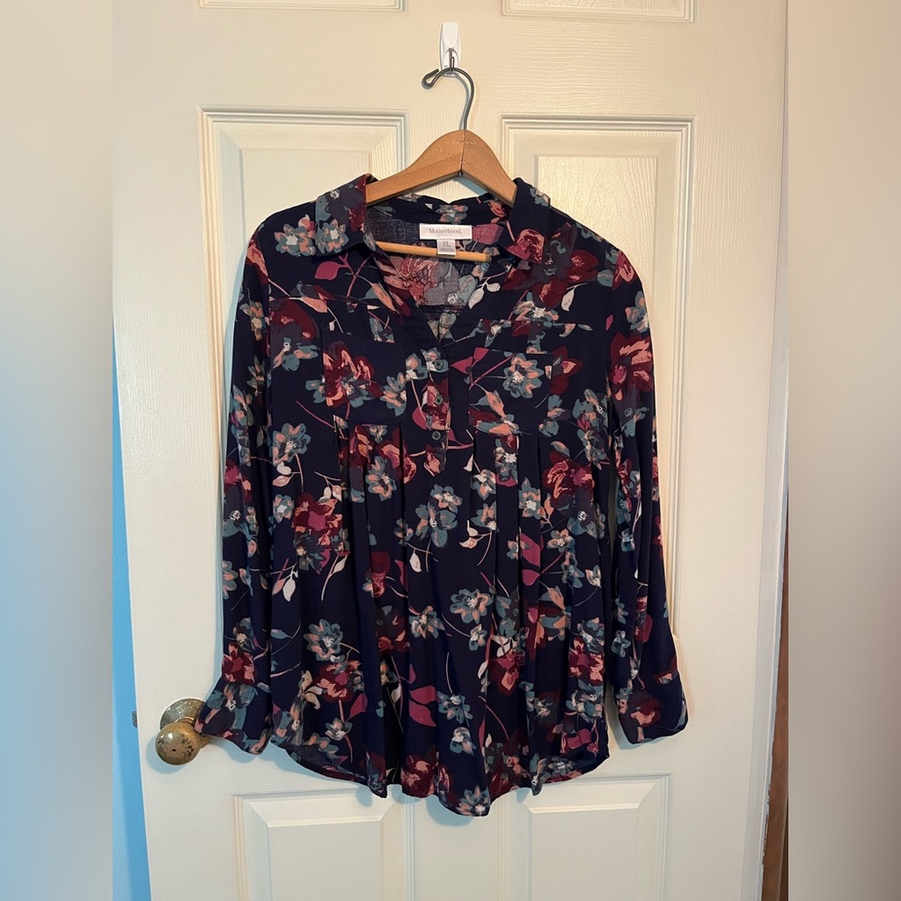 Motherhood Maternity Navy Floral Blouse with Button Accents